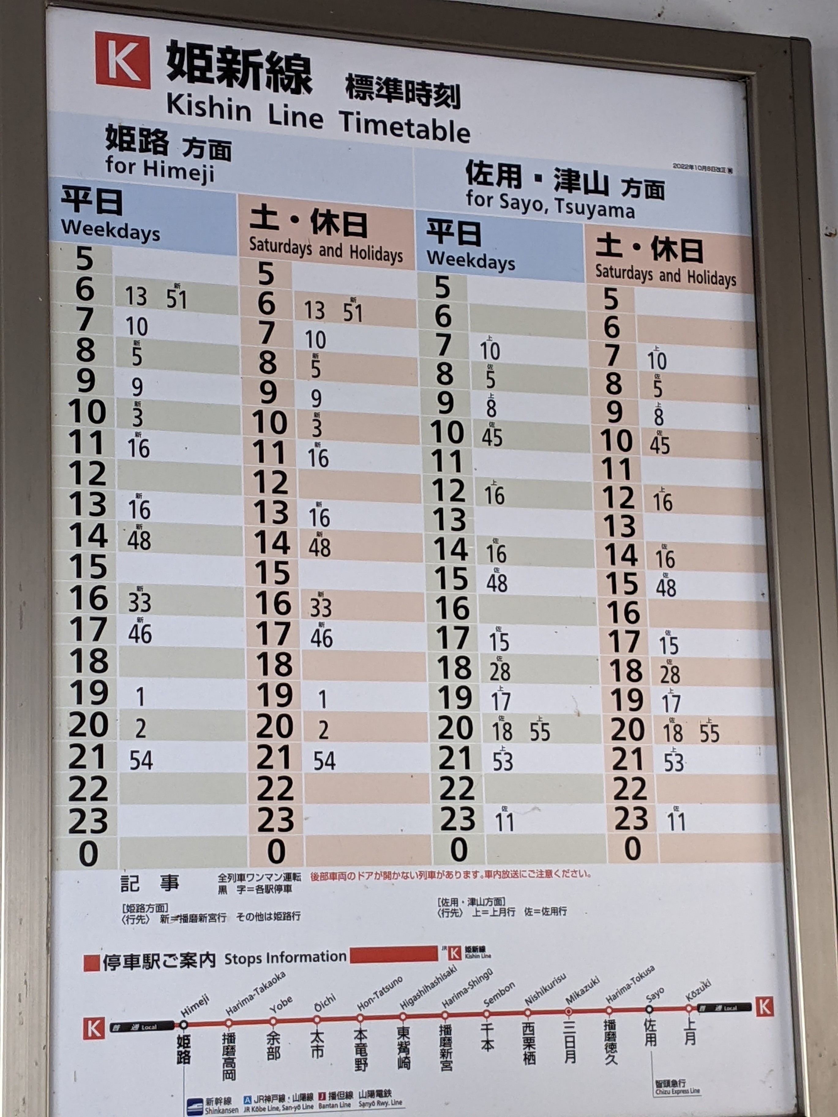 JR神戸線 三ノ宮・姫路方面 電車時刻表示板 JRホームの番線の不思議 | 神戸・昼から散歩